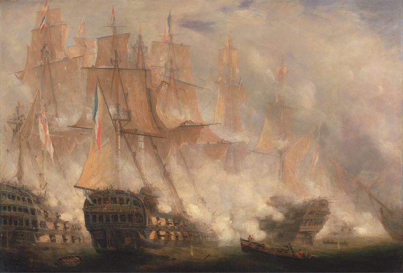The Battle of Trafalgar by John Christian Schetky, oil painting depicting a naval battle with ships and stormy skies.