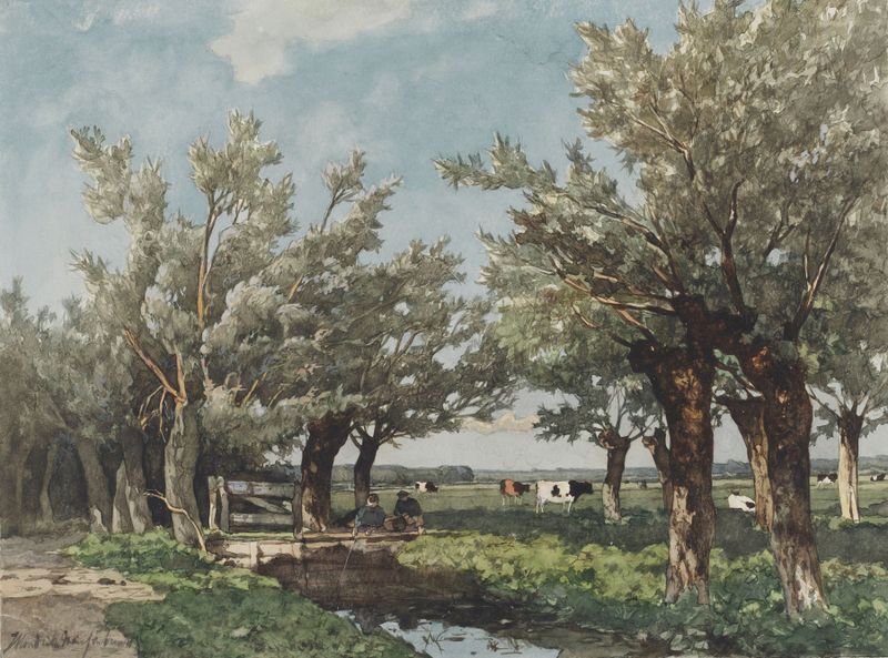 Landschap met een sloot waar twee jongens vissen by Johan Hendrik Weissenbruch, oil painting