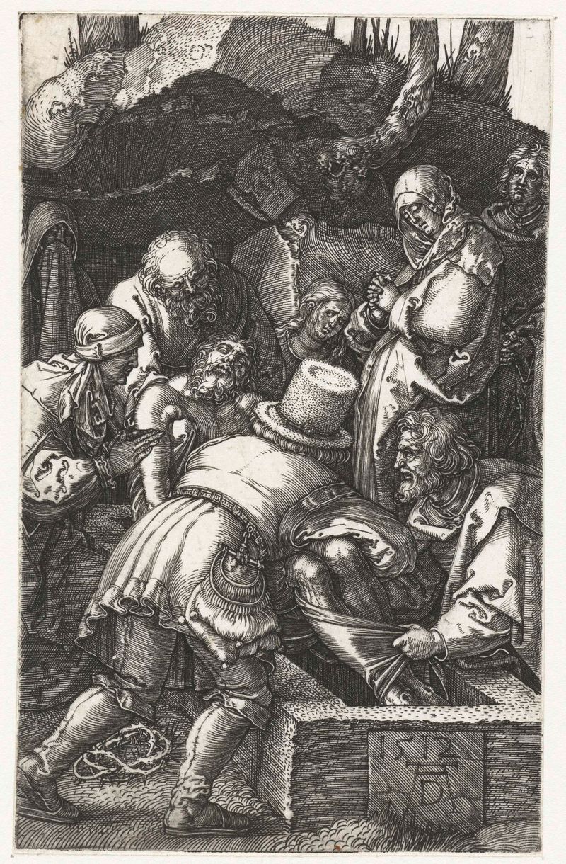 Gravura de Albrecht Dürer retratando uma cena de funeral com os enlutados ao redor de uma figura sem vida.