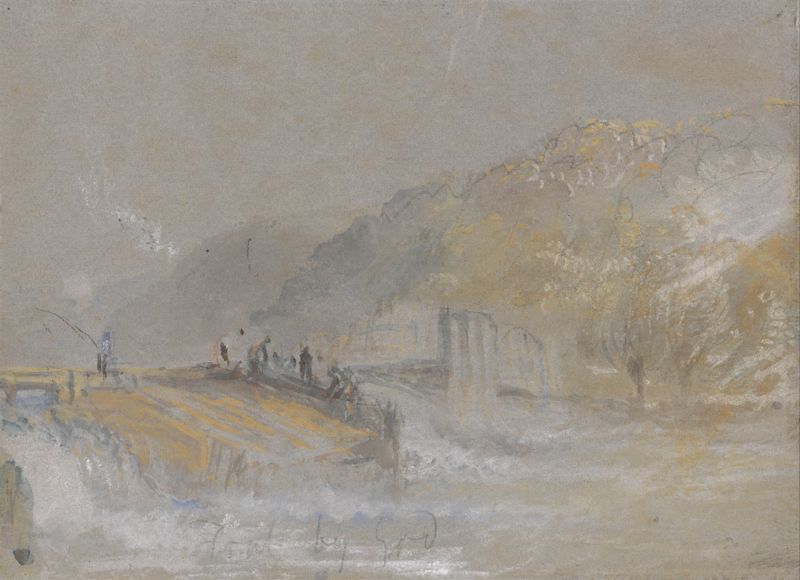 Paisaje fluvial con pescadores en un weir, óleo sobre lienzo de Joseph Mallord William Turner