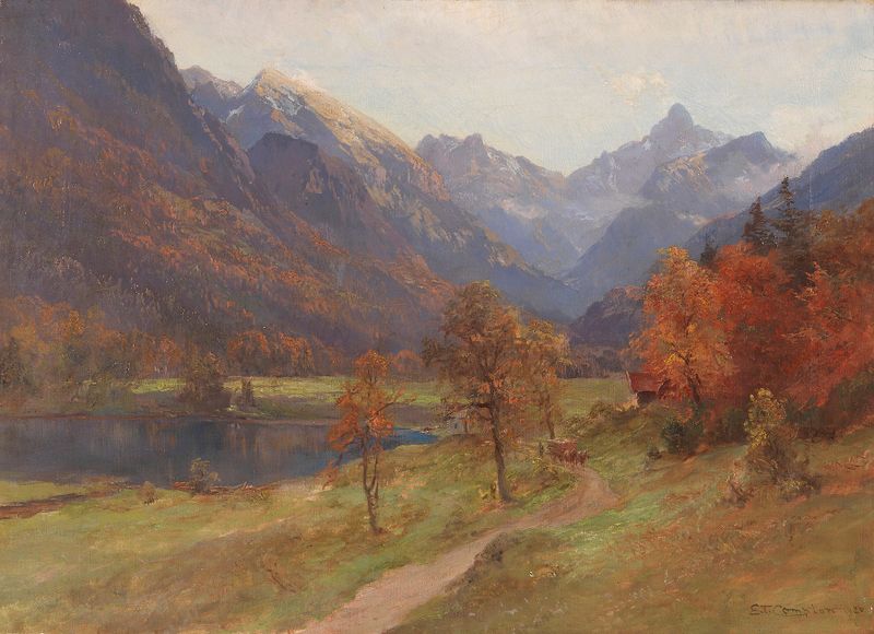 Autumn landscape with mountains and valley, oil on canvas by Edward Theodore Compton
