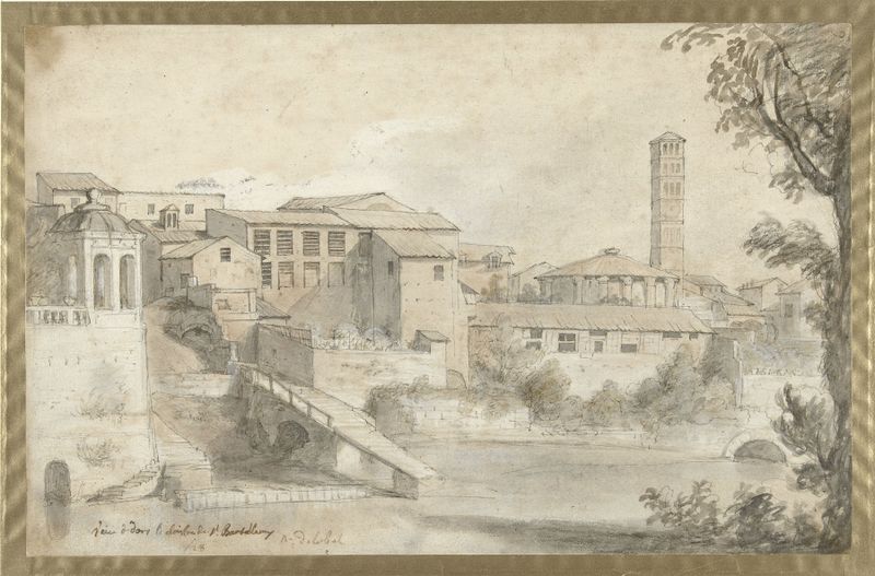 Tibereiland met het klooster van San Bartolommeo, óleo sobre lienzo de Nicolas Delobel