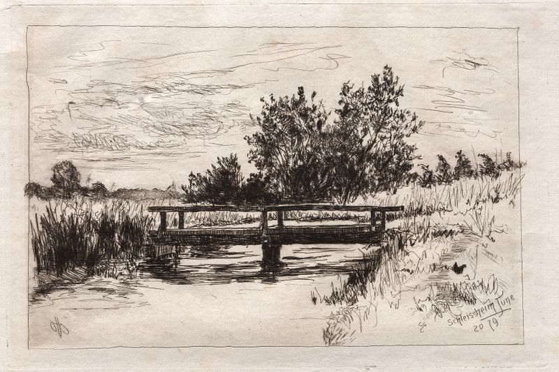 Bridge over tranquil water by Otto Henry Bacher, Impressionism