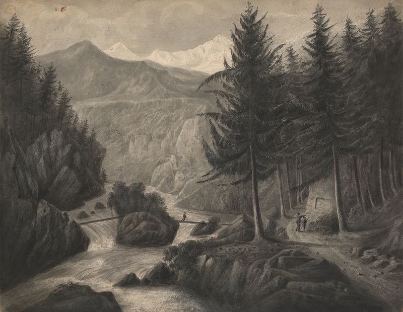 Pintura a óleo de Isaac Weld mostrando névoa sobre um lago e montanhas