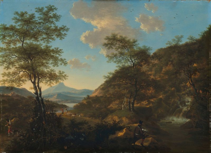 Italian landscape with a young draftsman sketching, oil painting by Willem de Heusch