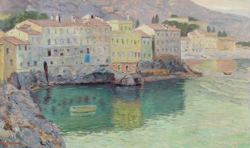 Landscape of San Michele am Gardasee by Karl Hofmann, oil painting depicting a tranquil lake and mountains.