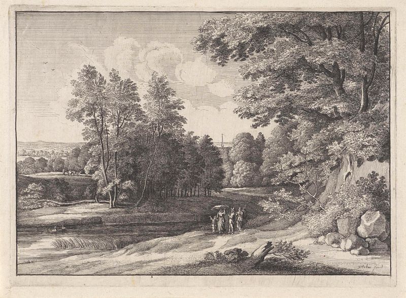 Landschap met figuren bij een meertje, grabado de Wenceslaus Hollar