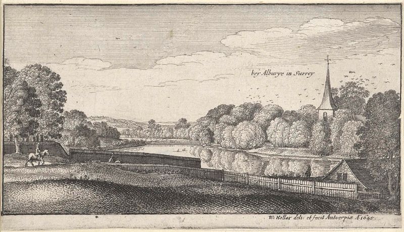 Rivierlandschap met kerk nabij Albury, grabado de Wenceslaus Hollar, que representa un río y una iglesia bajo cielos nubla...