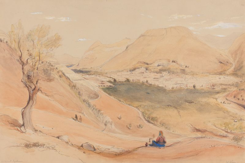 Watercolour by Rev. Edward Thomas Daniell depicting Nablous, Jordan, featuring hills and sunlight.