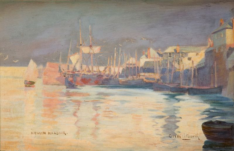 Newlyn Harbour óleo de Charles H Whitworth mostrando barcos y agua brillante