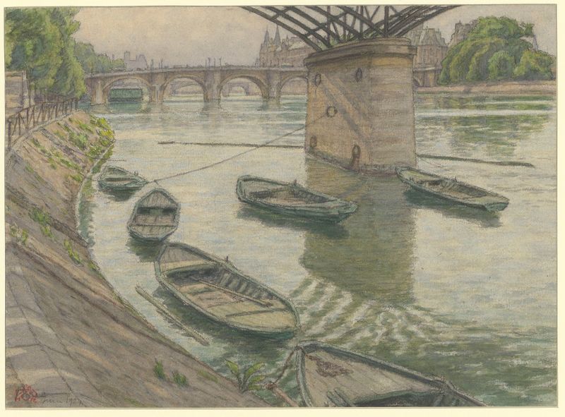 Lithograph by Henri Rivière depicting the Seine and the Louvre at dusk.