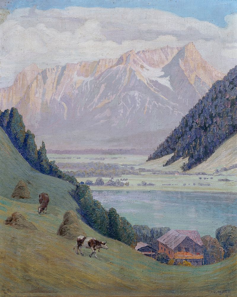 Bergsee by Max Kahrer, oil on canvas depicting a lake reflecting mountains