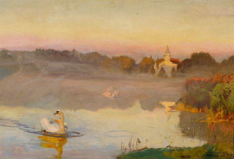Pond in Radziejowice de Jozef Chelmonski, óleo sobre tela que retrata uma paisagem tranquila.