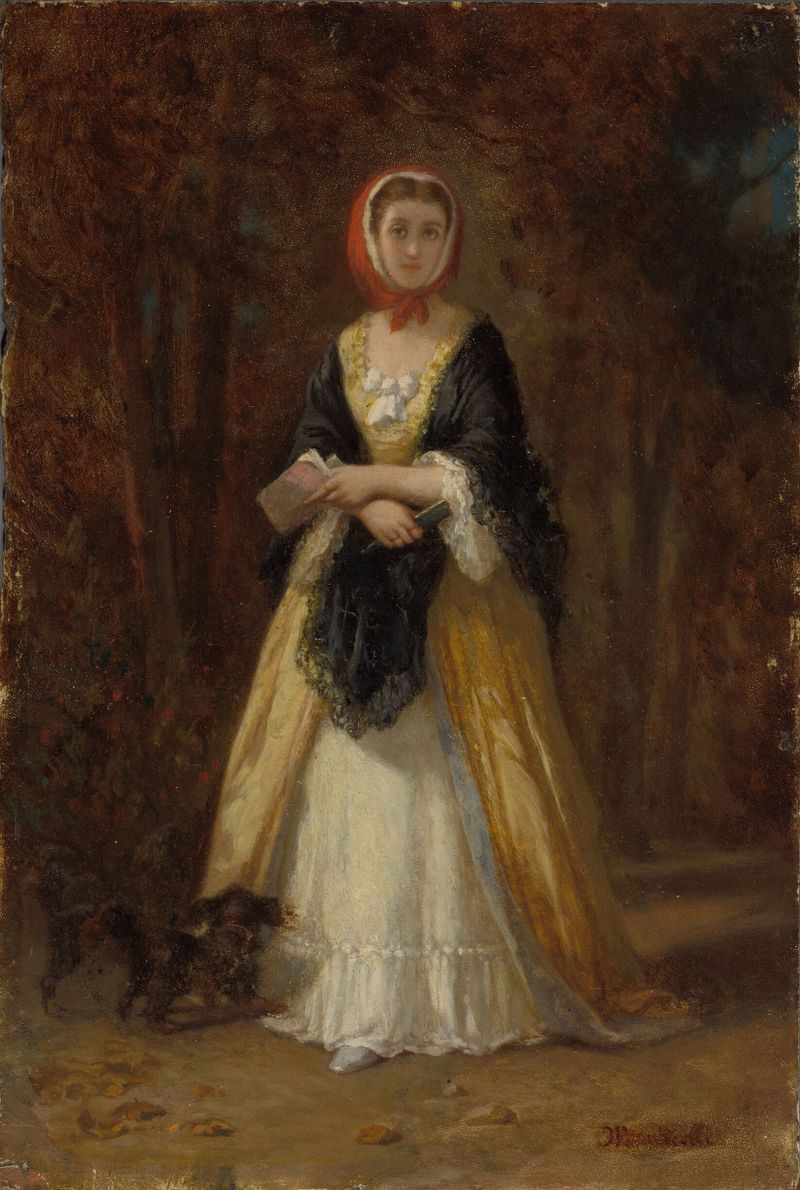 Mujer caminando con perro en una pintura al óleo de Adolphe Monticelli