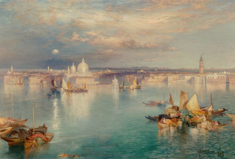 Venetian Scene de Thomas Moran, óleo sobre tela que retrata um pôr do sol sobre um canal em Veneza