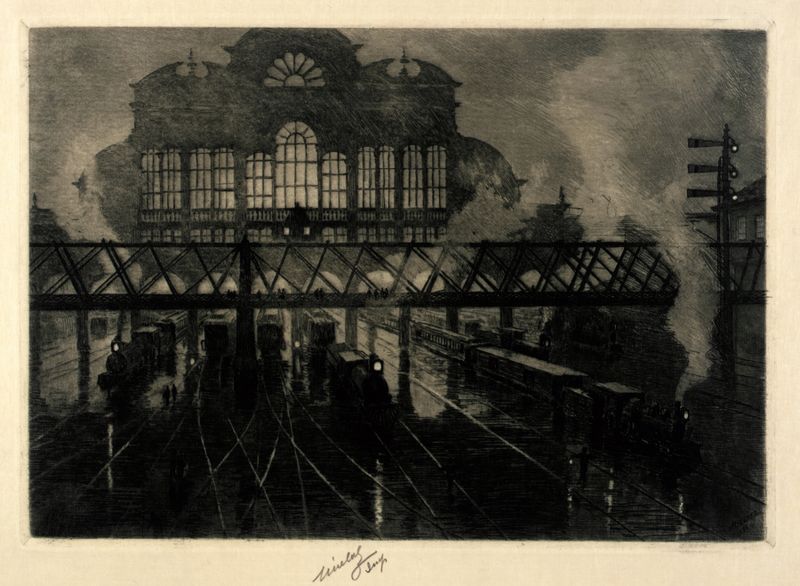Night scene of Grand Central Station, oil painting by Charles Frederick William Mielatz