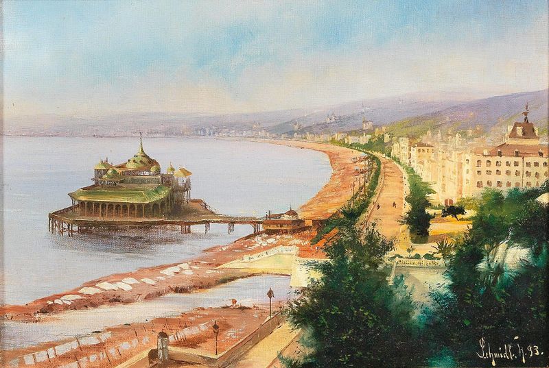 Landscape oil painting by Hermann Schmidt depicting the Promenade Des Anglais and Mediterranean.