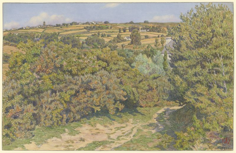 Acuarela de Henri Rivière que representa un paisaje costero tranquilo con suaves olas.