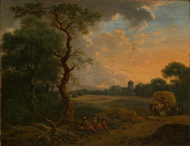 Paisagem noturna com um carro de feno, pintura a óleo de Ferdinand Kobell