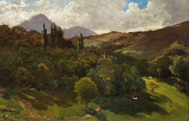 Southern Mountain Landscape by Alfred Wahlberg, oil painting depicting mountains and golden light