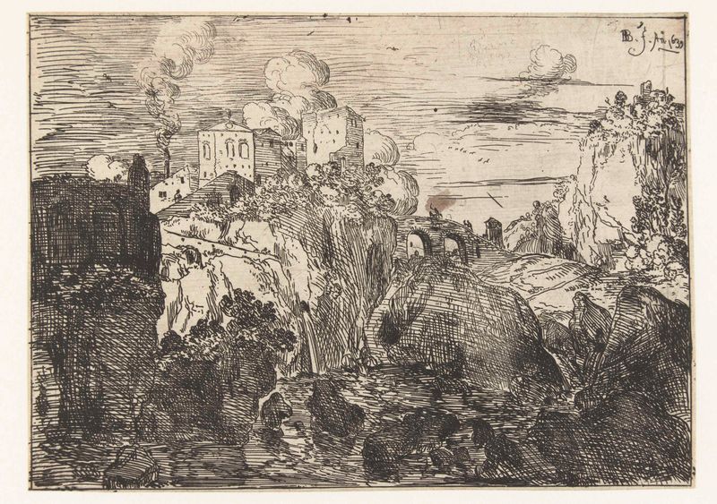 Etching by Bartholomeus Breenbergh depicting a serene landscape with a bridge and buildings