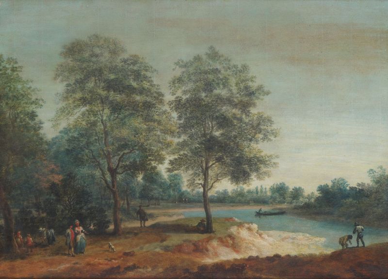 Aquarela de Paul Sandby retratando uma paisagem fluvial tranquila