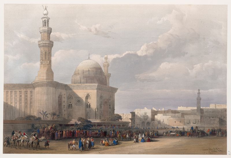Mesquita de Sultan Hassan de David Roberts, retratando uma arquitetura intrincada em um meio desconhecido.