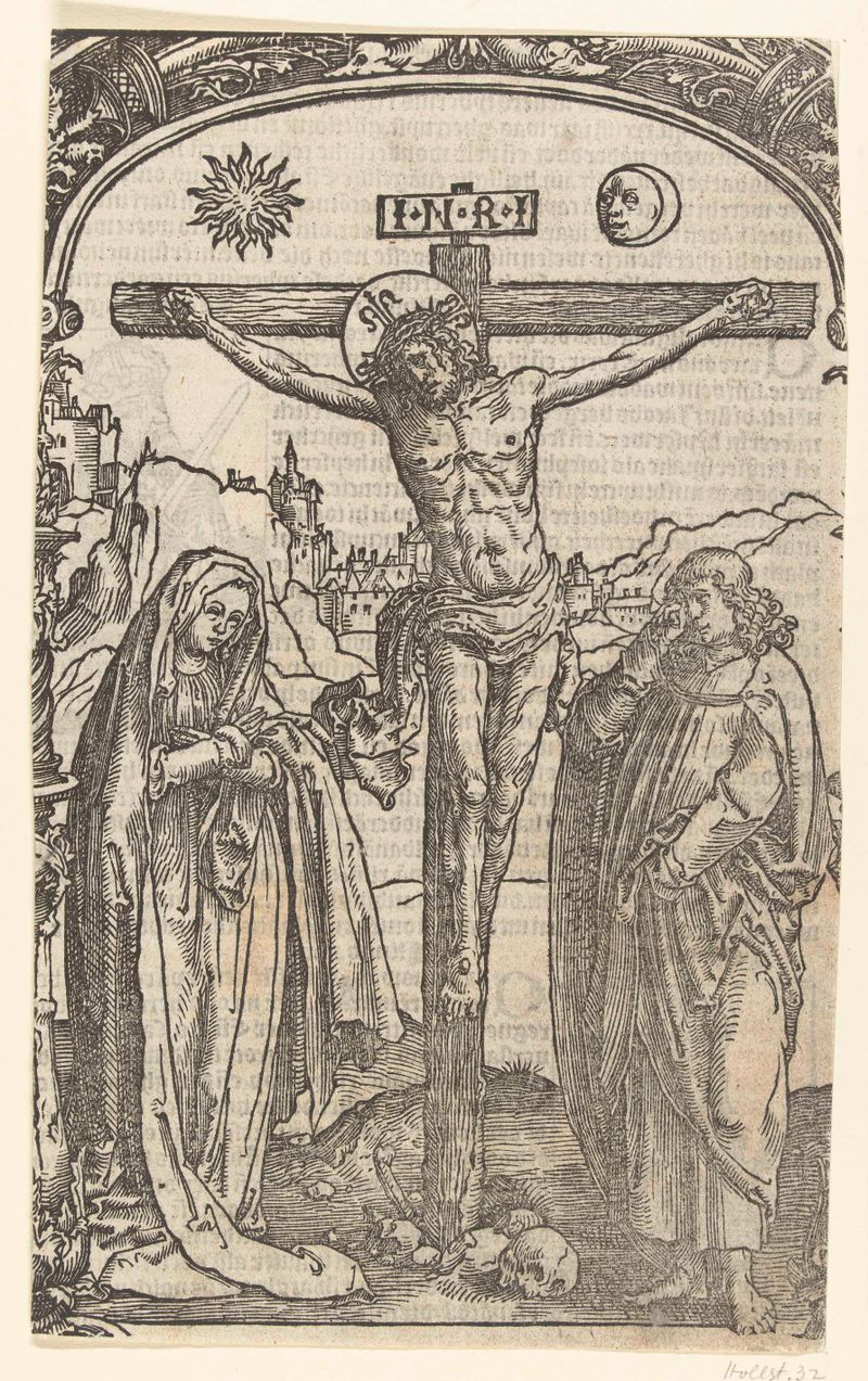 Crucifixion scene on paper by Lucas van Leyden, showcasing dramatic light and shadow.