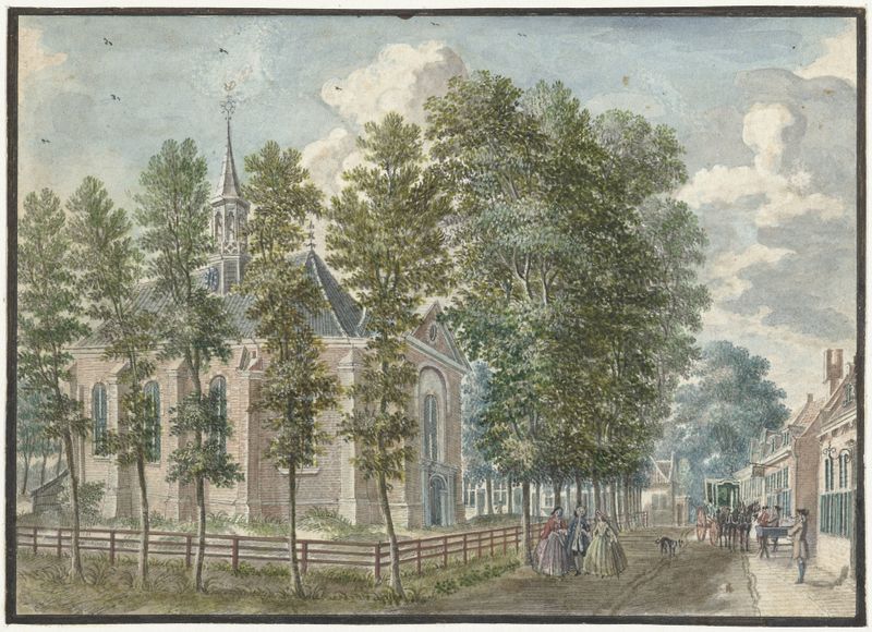 Etching by Jan de Beijer depicting a church with a steeple in a landscape