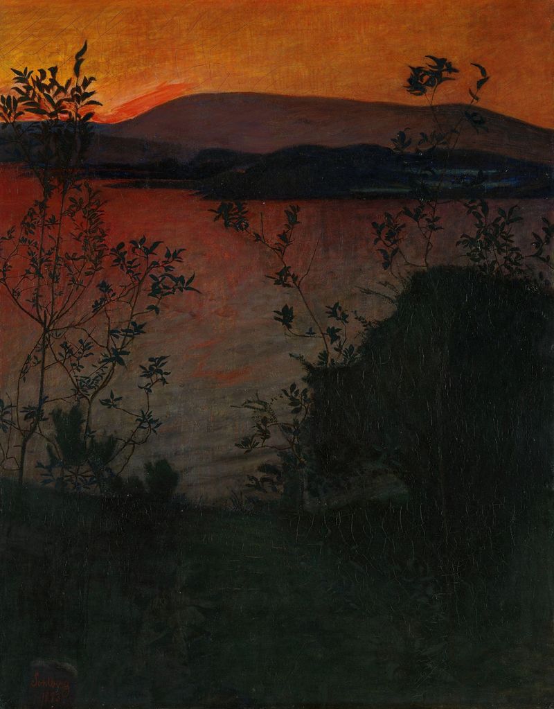 Evening Glow by Harald Sohlberg, oil on canvas depicting a twilight landscape.