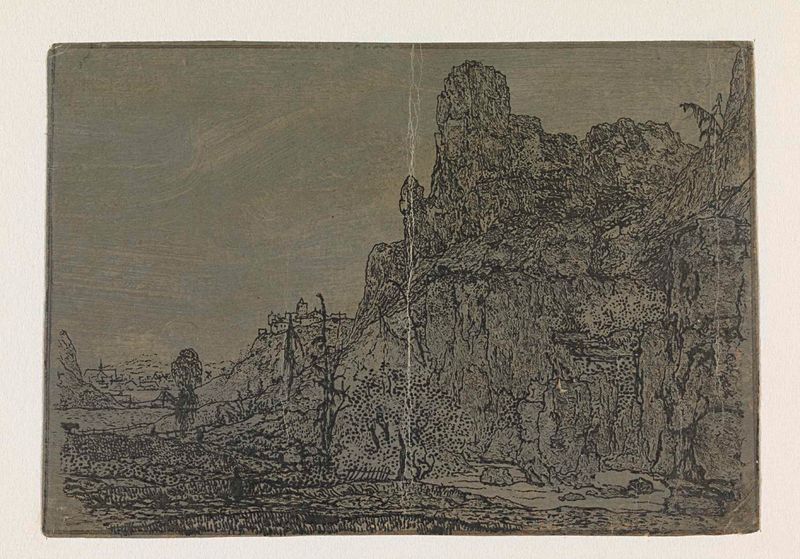 Grabado de Hercules Segers que representa un acantilado empinado y un paisaje rocoso