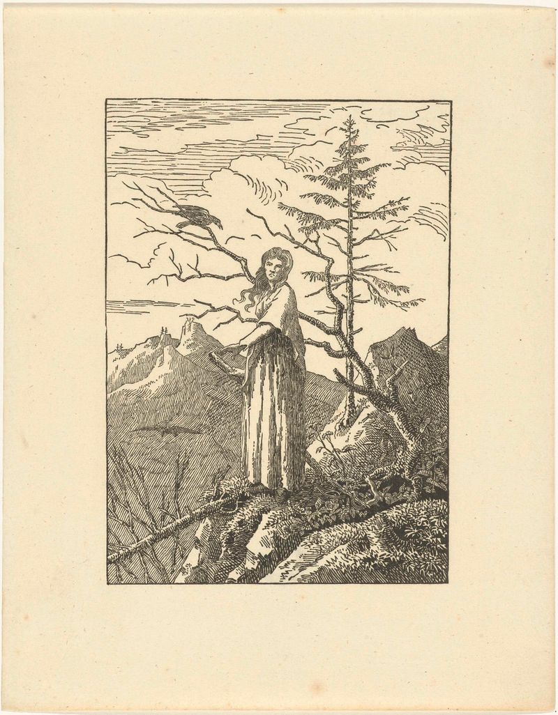 Vrouw staand aan de rand van de afgrond en raaf de Caspar David Friedrich, papel