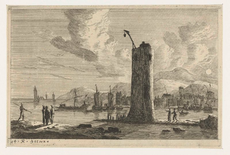 Haven met een vuurtoren de Reinier Nooms, gravura de um porto com barcos e um farol