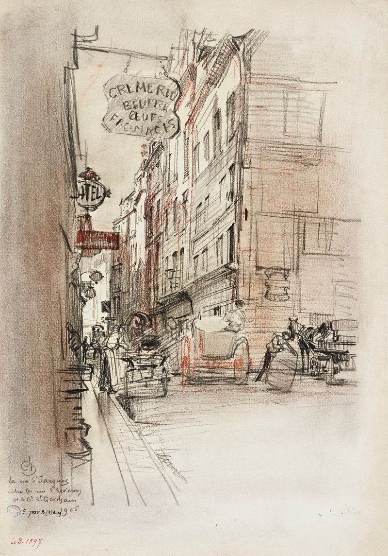 Rue Saint Jacques de Charles Jouas, impresionismo, representando una vibrante escena urbana con edificios en pastel.