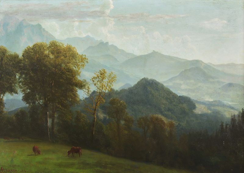Lucerna, Suiza de Albert Bierstadt, pintura al óleo que representa un lago tranquilo y montañas.