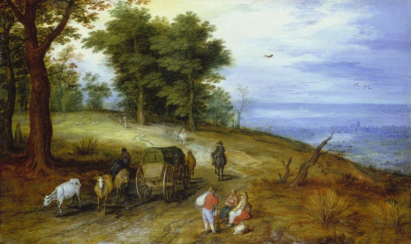 Paisagem arborizada com figuras, óleo sobre painel de Jan Brueghel o Velho
