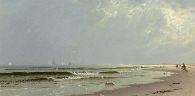 Newport Beach by Alfred Thompson Bricher, oil painting depicting waves and sunset over the horizon.