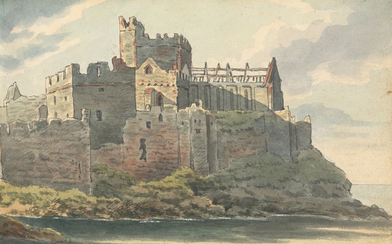 Ruinas de un castillo en una costa rocosa, pintura al óleo de Thomas Bradshaw
