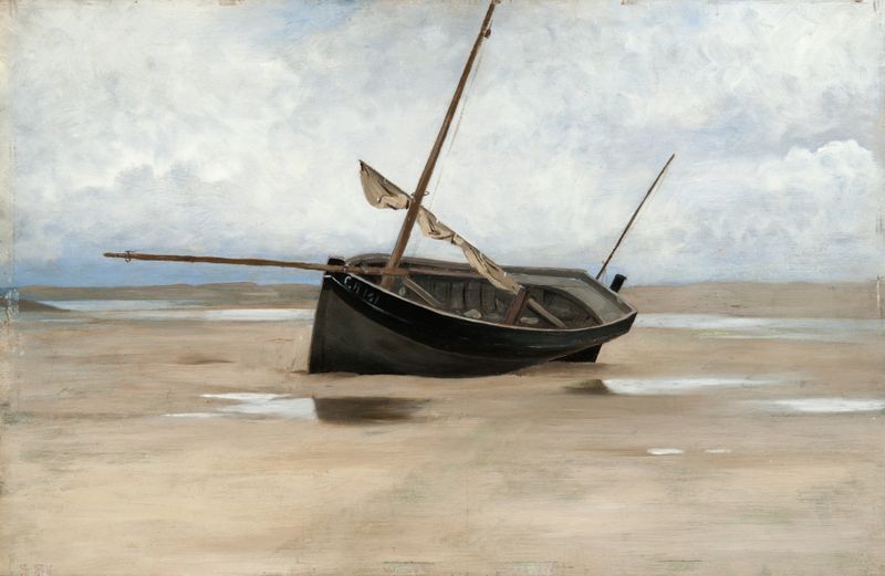 Pintura al óleo de August Hagborg que muestra un barco en la orilla con suaves olas.
