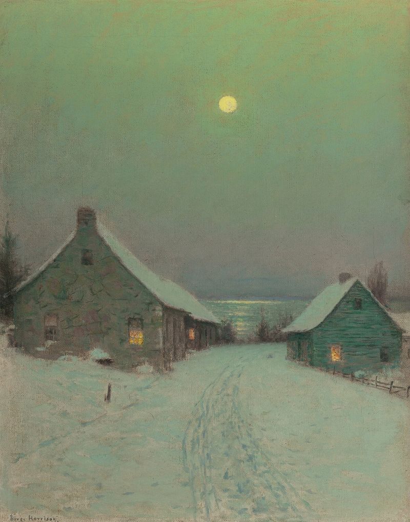 Landscape oil painting by Birge Harrison featuring a serene winter scene with soft and golden light.