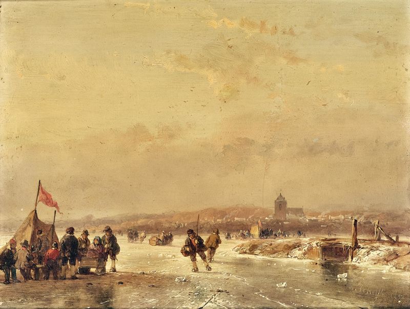 Genre scene by Andreas Schelfhout depicting children skating on ice, oil painting, 1852