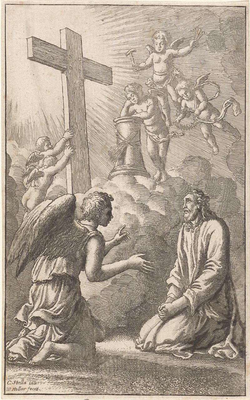 Cristo de joelhos cercado por anjos com ferramentas de paixão, gravura de Wenceslaus Hollar