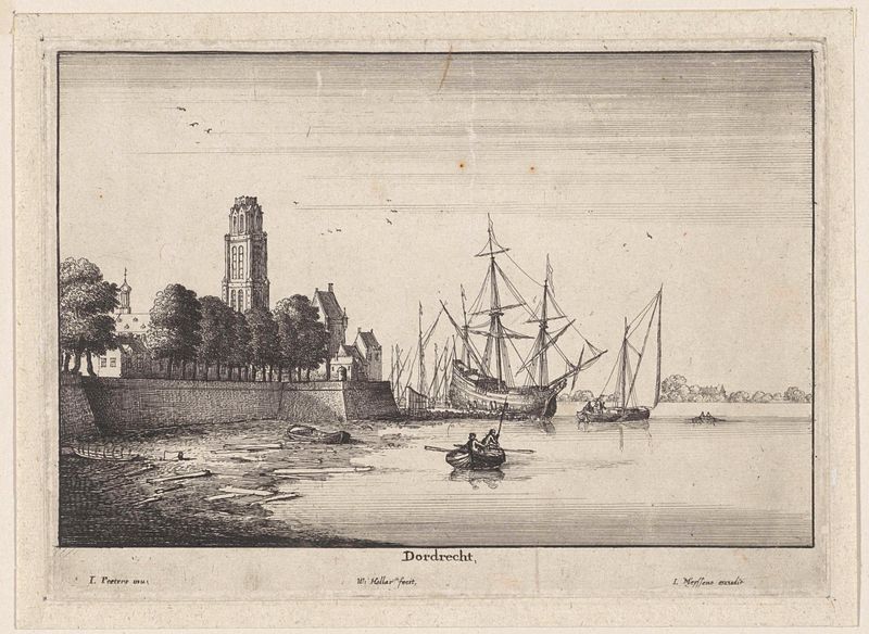 Grabado de Wenceslaus Hollar que representa Dordrecht con barcos en el agua al amanecer