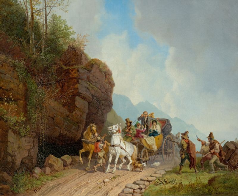 Räuberanfall by Heinrich Bürkel, oil painting depicting a carriage ambush by brigands
