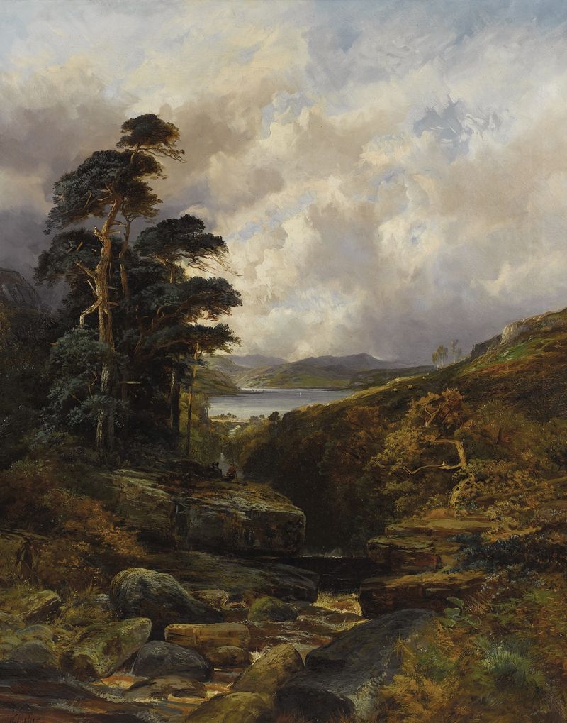 Oil painting by William Mellor depicting a rushing gorge and river in the Highlands.