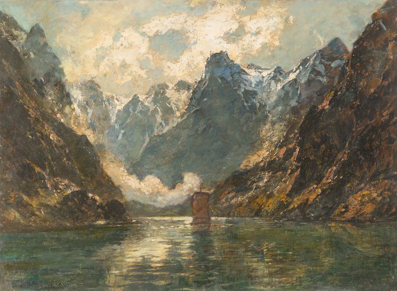 Troll Wall de Carl August Heinrich Ferdinand Oesterley, pintura al óleo que muestra acantilados dramáticos en Noruega.