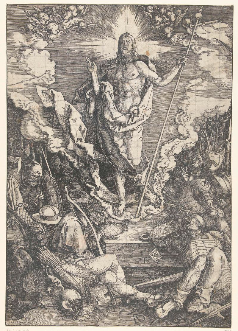 Escena de resurrección en grabado de Albrecht Dürer, con intrincadas luces y sombras.