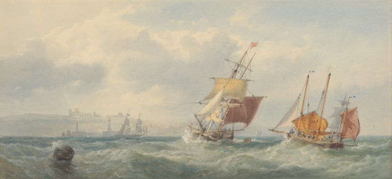 Off Whitby by Edward Duncan, oil painting of a fishing vessel on tranquil water
