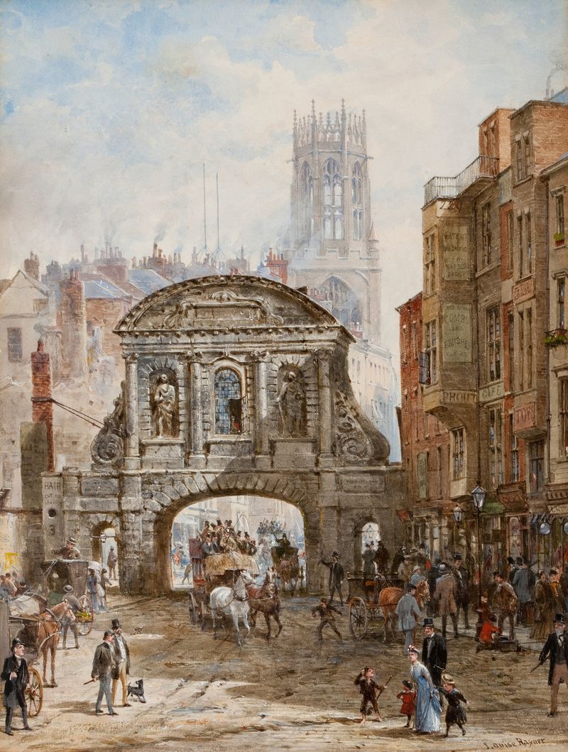 Temple Bar by Louise Rayner, oil on canvas depicting a lively street scene with people and buildings.