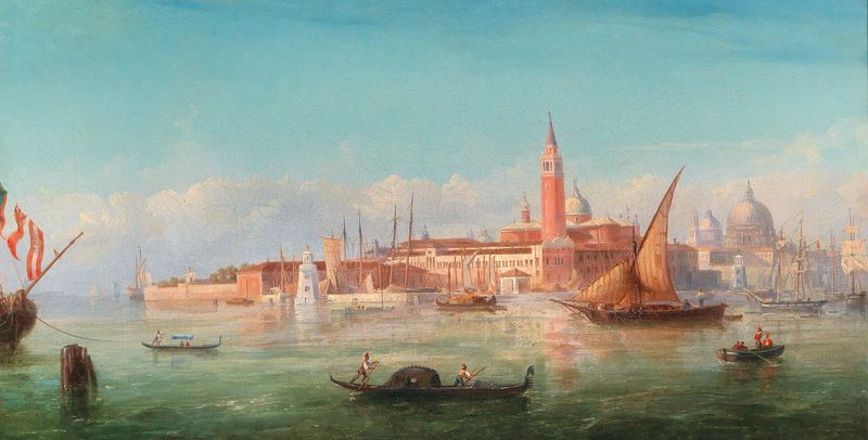 A View Of Venice by Bernhard Fiedler, impressionist oil painting depicting a canal with shimmering water.